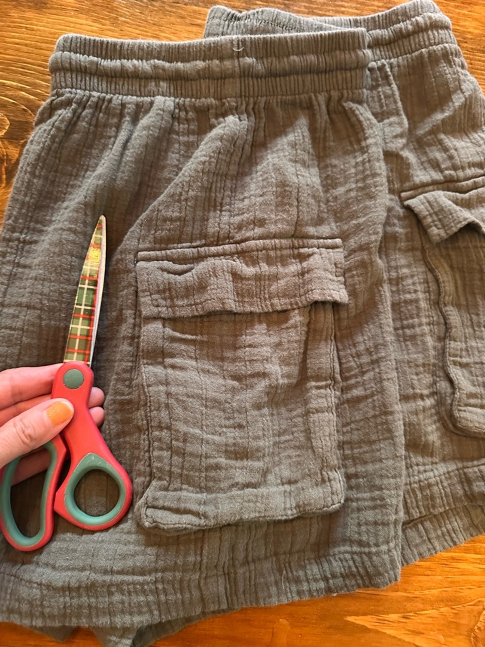 100% Cotton Dusty Olive Gray Gauze Shorts Elastic Waist Coastal Lounge Medium - Picture 5 of 8